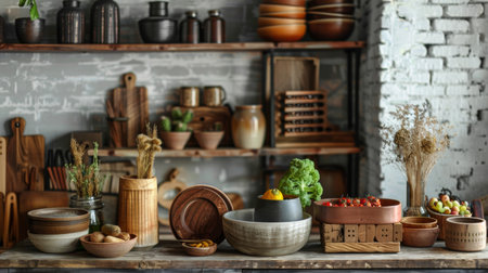 A rustic kitchen setting with various wooden utensils, bowls, and fresh vegetables, creating a warm and homely atmosphere perfect for culinary themes.の素材