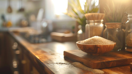 A sunlit kitchen with a wooden bowl of sugar on a rustic wooden counter, evoking a warm and cozy atmosphere perfect for home and culinary themes.の素材