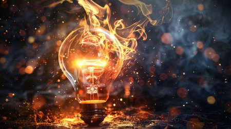 An illuminated light bulb with fiery effects surrounding it, creating a dynamic and energetic visual ideal for concepts of creativity and innovation.の素材