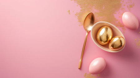 Golden and pink Easter eggs with a golden spoon on a pink background, creating a festive and elegant holiday scene.の素材