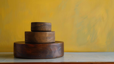 Three stacked wooden blocks of varying sizes placed on a surface with a yellow background, creating a minimalist and rustic composition.の素材