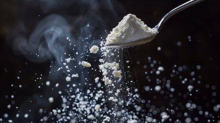 Artistic capture of flour dusting from a spoon in motion against a dark background, highlighting the texture and movement of the flour.の素材