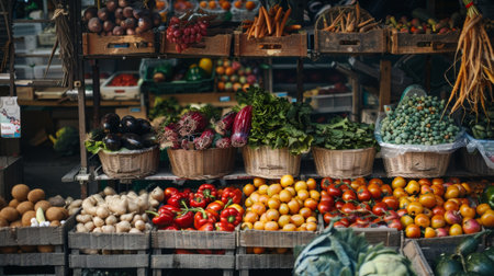 A vibrant display of fresh produce including fruits and vegetables at a bustling farmers market, showcasing the variety and richness of local offerings.の素材