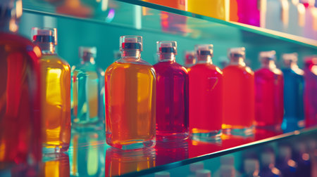 A row of colorful bottles on a glass shelf, creating a vibrant and visually appealing display with a modern aesthetic.の素材