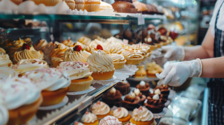 Close-up of assorted cupcakes with various toppings and decorations displayed in a bakery, showcasing the variety of sweet treats.の素材
