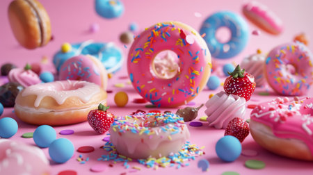 Vibrant and colorful donuts with sprinkles and various decorations, placed on a pink background, creating a fun and festive atmosphere.の素材