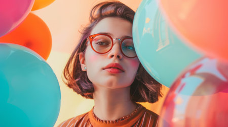Portrait of a woman wearing glasses surrounded by colorful balloons, creating a playful and cheerful scene.の素材