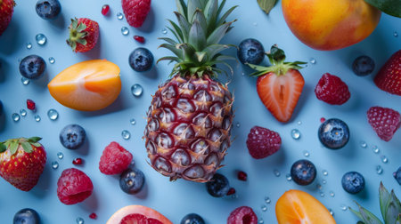 Top view of assorted fresh fruits including pineapple, berries, and apricots on a blue background, highlighting their vibrant colors.の素材