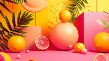 Artistic arrangement of tropical fruits including oranges and grapefruit in a vibrant and colorful setting with palm leaves.の素材