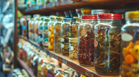 Jars of various preserved foods neatly arranged on shelves in a pantry, showcasing a variety of colorful preserves.の素材