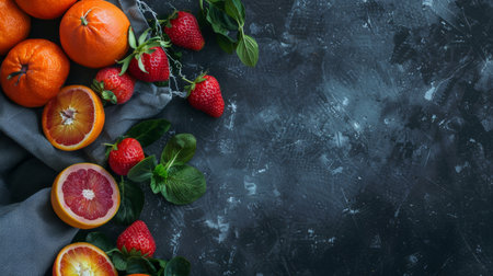 Fresh strawberries and oranges arranged on a dark background, creating a vibrant and contrasting composition.の素材