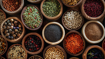 Top view of assorted spices in wooden bowls, showing a variety of colors and textures.の素材