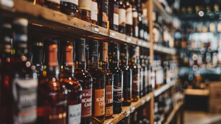 A variety of liquor bottles neatly arranged on wooden shelves in a store, showcasing different brands and labels.の素材