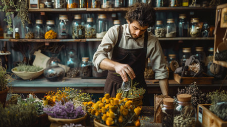 A male herbalist in an apron preparing dried flowers and herbs in a rustic shop filled with glass jars and various plants.の素材