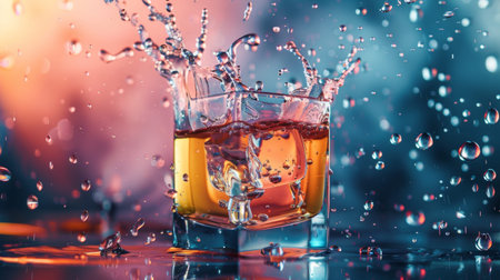 Dramatic shot of whiskey splashing in a glass with a colorful, blurred background, emphasizing the dynamic movement and vibrant colors.の素材