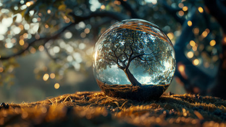 Enchanting scene of a tree reflected in a crystal ball set in a forest, capturing the magical and serene atmosphere with bokeh lights.の素材