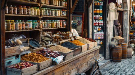 A vibrant outdoor market stall displaying a variety of spices and grains in wooden boxes and jars, showcasing the rich diversity of products.の素材
