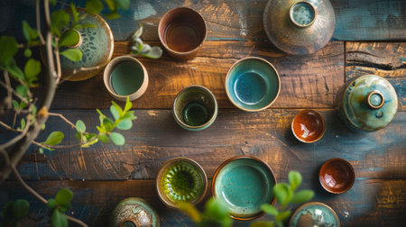 Overhead view of assorted ceramic bowls and cups placed on a rustic wooden table, highlighting craftsmanship and artistic design.の素材