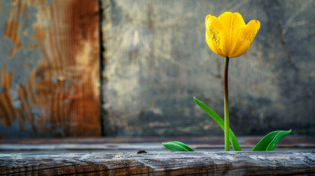 Single yellow tulip growing through a gap in wooden planks, symbolizing resilience and beauty in an urban, weathered setting.の素材