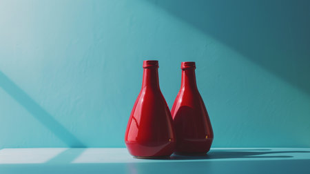 Minimalist composition of two red bottles against a blue background with shadow play, creating a striking color contrast.の素材