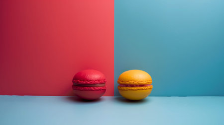 Two colorful macarons placed against a divided pink and blue background, emphasizing their playful and vibrant appeal.の素材