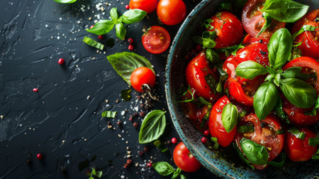 Top view of a fresh tomato basil salad in a ceramic bowl with scattered basil leaves and cherry tomatoes on a dark background.の素材