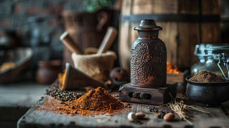 Traditional spices and herbs in a rustic setting, featuring old-fashioned containers and wooden surfaces, evoking a vintage culinary scene.の素材