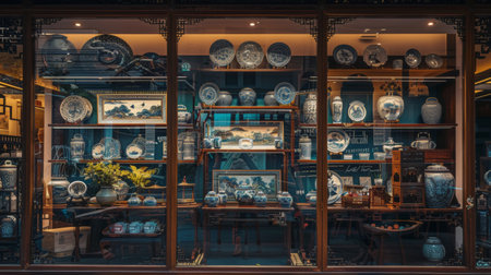 Showcase of intricate Chinese porcelain pieces displayed in an antique shop window, highlighting traditional craftsmanship and artistry.の素材