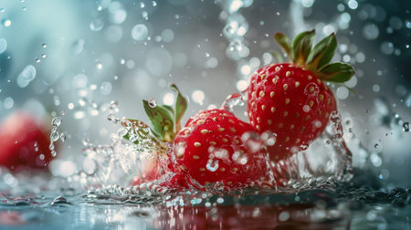 Vivid capture of fresh strawberries splashing in water with a bokeh effect, highlighting freshness and dynamic movement.の素材