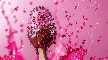 A pink ice cream bar covered in chocolate drizzle and sprinkles, against a pink background with dynamic splashes and droplets.の素材