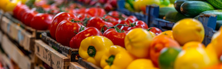 Vibrant variety of tomatoes, bell peppers, and zucchinis on display in a market stall. Perfect for healthy eating.の写真素材