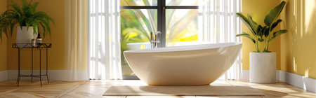 Elegant bathroom with a freestanding bathtub, large windows, and indoor green plants for a serene...