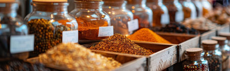 Vibrant spices in jars, selling at a bustling market stall. Aromatic blends for cooking, displayed neatly.の写真素材