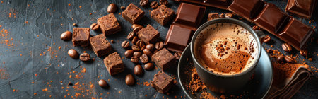 A captivating arrangement of coffee and chocolate on a rustic surface. Ideal for food and lifestyle themes.の写真素材