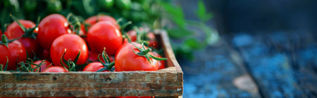 A closeup image showcasing ripe, red tomatoes in a rustic wooden crate against a blurred blue table backgroundの写真素材