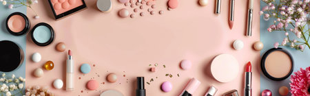 A flat lay of various beauty and makeup products arranged on a pink surface with decorative flowers.の写真素材