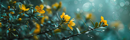 Beautiful yellow flowers with dewdrops set against a dreamy, emerald light background. Natures magic captured.の写真素材