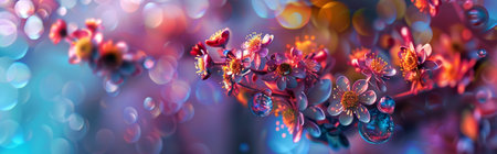 Close-up of vibrant blossoms adorned with dew drops, set against a vivid, abstract bokeh background.の写真素材
