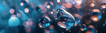 Close-up of water droplets with beautiful bokeh light effects in blue and pink hues, creating an abstract background.の写真素材