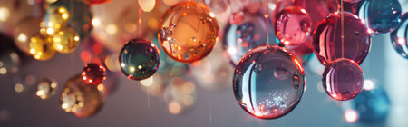 Vibrant glass orbs reflecting lights, creating a festive and magical atmosphere perfect for holiday decorations.の写真素材