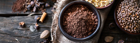A variety of ingredients including cocoa, powder, beans, and spices in rustic bowls on a wooden, table, highlighting natural textures.の写真素材