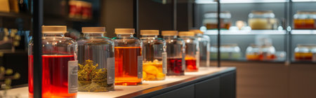 Close-up of a variety of jars filled with colorful liquids and herbs in a store setting, emphasizing the diversity and visual appeal of the contents.の写真素材
