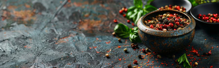 Assorted peppercorns in rustic ceramic bowls, placed on a dark textured surface with scattered spices, emphasizing the variety and richness of the ingredients.の写真素材