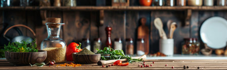Selection of spices and herbs in bowls and jars on a rustic wooden counter, showcasing the diversity...