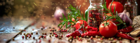 An assortment of spices and herbs including tomatoes, garlic, and rosemary on a wooden, surface, illustrating the richness and diversity of culinary ingredients.の写真素材