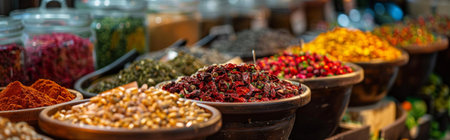 A variety of colorful spices displayed in bowls at a market stall, creating a vibrant and aromatic scene.の写真素材