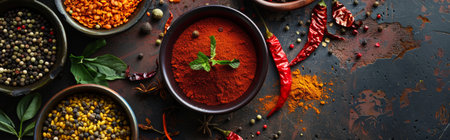 Top view of various spices in bowls, including peppercorns and paprika, arranged on a dark rustic background.の写真素材