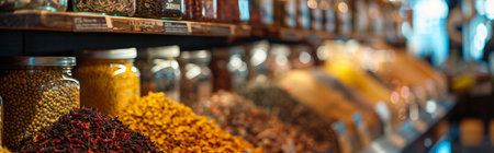 A market display of various spices in jars, showcasing a colorful and aromatic assortment.