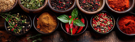 Assorted spices in rustic bowls, including peppers, herbs, and powders, showcasing vibrant colors and rich textures on a wooden surface.の写真素材