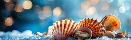 Close-up of seashells on the beach with a sparkling bokeh, background, capturing the beauty and tranquility of the seaside environment.の素材